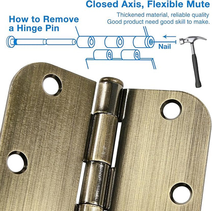 18 Pack Door Hinges Antique Brass 3.5 Inch Interior 3 1/2" Round 5/8" Radius Heavy Duty Metal Hardware Kit 3 ½" 5/8" Radius Flat Hinge for Bifold Doors Decor Master Bedroom Storage Room