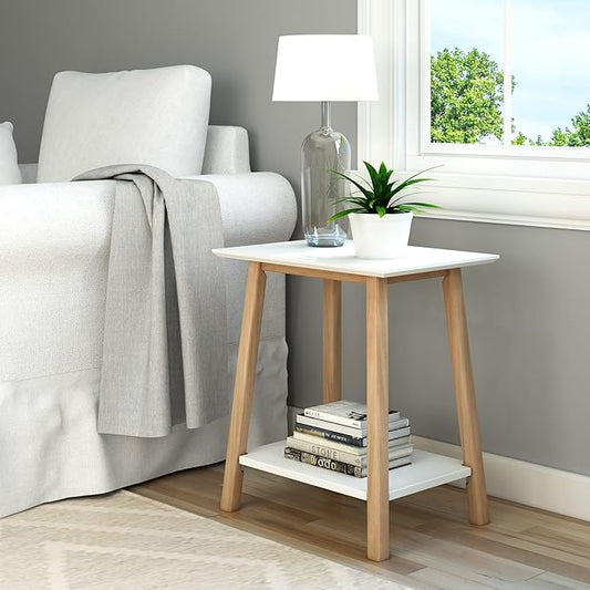 Plank+Beam Wooden Side Table with Storage, Mid Century Modern End Tables for Living Room, Small Solid Wood Nightstand, Bedside Tables, Bedroom Furniture, White/Blonde