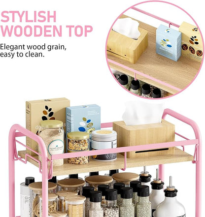 KINGRACK 4-Tier Wide Metal Rolling Storage Cart, Utility Cart with Wooden Tabletop for Laundry, Bathroom, Kitchen, Apartments, Dormitory (Pure Pink, Wide)