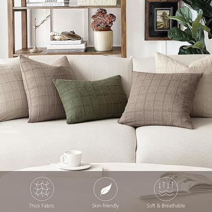 Foindtower Set of 2 Decorative Linen Check Throw Pillow Covers Neutral Farmhouse Vintage Cushion Covers Modern Boho Home Decor for Sofa Chair Couch Bedroom Living Room Outdoor,24×24 Inch,Tan Taupe