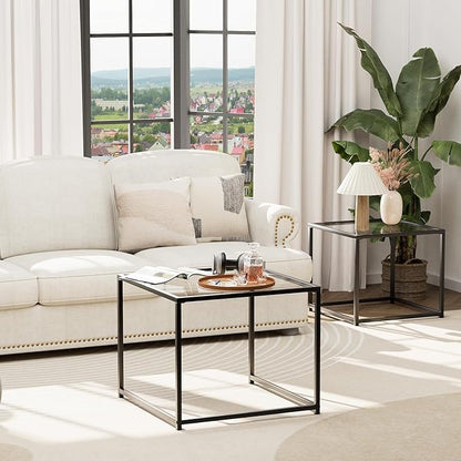 Garden 4 you Coffee Table Set of 2, Modern Glass Nesting Table, Metal Frame Square Center Table Set, Side Tables, Nesting Coffee Table for Living Room, Bedroom and Small Spaces, 23.6in Black