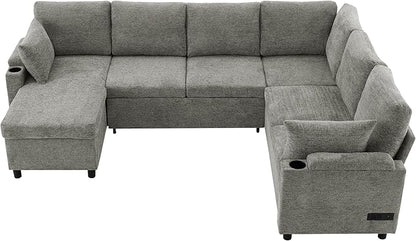 Eafurn Oversized U Shaped Sectional Sleeper Sofabed Pull Out Couch Bed for Living Room 6 Seater Upholstered Convertible Pullout Lounge Sofa Couch w/Storage Chaise, USB Ports for Living Room Apartment