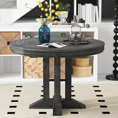 FULife Country Rustic Design Round Table with 14" Removable Leaf, Extendable Circular to Oval Solid Wood Tabletop with X-Shaped Trestle Legs, Space-Saving Kitchen-Tables for Dining/Living Room