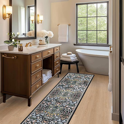 Runner Rug for Entryway: 2x10 Kitchen Rugs Non Slip Washable Ultra Soft Floral Carpet Indoor Stain Resistant Carpets for Hallway Bedroom Kitchen Laundry Bathroom Dorm Dark Black