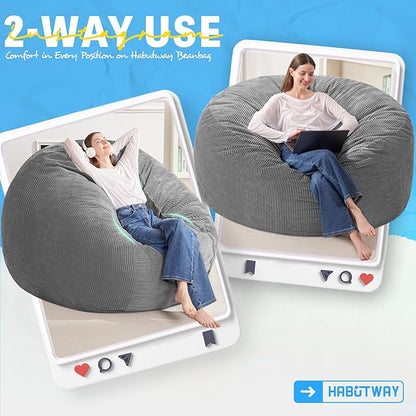 HABUTWAY 6FT Bean Bag Chair,Giant Bean Bag Chairs for Adults,Big Bean Bags with Memory Foam Filled, Large Beanbag Chairs with Soft Corduroy Cover-Grey