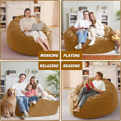 5FT Bean Bag Chair with Ultra Soft Velvet Cover Bean Bag Sofa with Memory Foam Bean Bag Chairs with Large Size Lazy Sofa for Dorm Office Living Room Bedroom Camel 5'