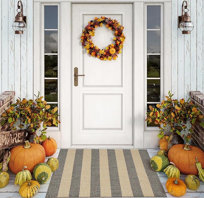 OJIA Fall Front Door Mat Outside Entrance 24"x35" Tan Halloween Doormat Front Door Rug Washable Porch Rugs Woven Striped Outdoor Rugs Entryway Rugs Indoor Small Area Rug for Kitchen Entry Bathroom