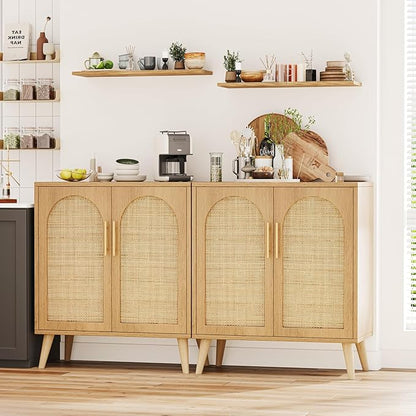 Rovaurx Set of 2 Rattan Storage Cabinet with Doors, Accent Bathroom Floor Cabinet, Modern Sideboard Buffet for Living Room, Entryway, Dining Room and Kitchen, Natural BMGZ108M02