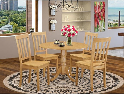 East West Furniture DLAN5-OAK-W 5 Piece Kitchen Table Set for 4 Includes a Round Dining Room Table with Dropleaf and 4 Solid Wood Seat Chairs, 42x42 Inch, Oak