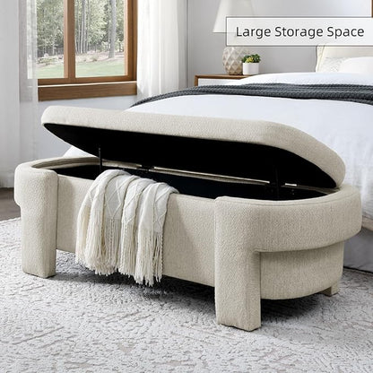 KEIKI 51" Linen Ottoman Bench with Large Storage Space, Upholstered Seating Foot Rest Stool Furniture for Bedroom, Living Room, Entryway, Beige