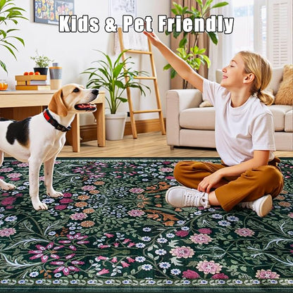 Area Rugs 9x12 Living Room: Floral Washable Rug Vintage Large Soft Boho Non-Slip Carpet Indoor Floor Stain Resistant Low Pile Carpets for Bedroom Dining Room Farmhouse Nursery Home Office Dark Green