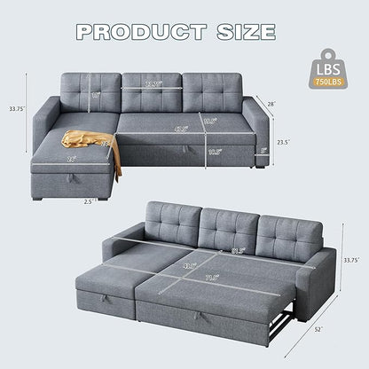 Ball & Cast L-Shape Reversible Sectional Sleeper Sofa Bed,Linen Upholstered 4 in 1 Pull Out Couch with Storage Chaise & Removable Back Cushions,Convertible Corner Sectionals for Living Room,Office