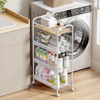 KINGRACK Metal Wide Rolling Cart, 4-Tier Metal Utility Cart, Storage Cart with Wooden Tabletop, for Laundry Bathroom Kitchen Room Bedroom Apartments Dormitory (Pure White, Wide)