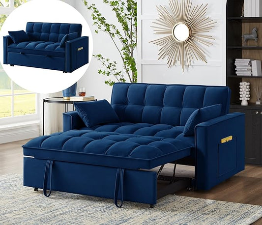 KEIKI Velvet Loveseat Convertible Sofa Bed Sleeper Chair with Adjustable Backrest, Pillows & Storage Pockets, 3 in 1 Pull-Out Couch Chaise Lounge Recliner for Living Room Balcony Bedroom, Navy