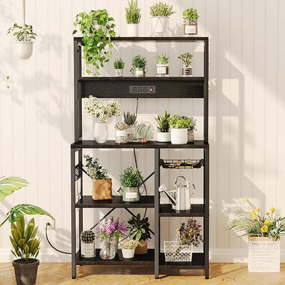 SUPERJARE Bakers Rack with Power Outlet, 35.4 Inches Coffee Bar with Wire Basket, Kitchen Microwave Stand with 6 S-Shaped Hooks, Open Storage Shelves, Black