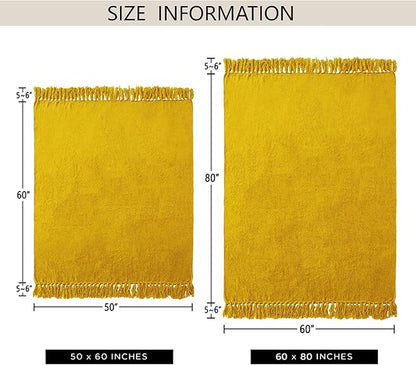 Chenille Throw Blanket for Couch 50"X 60", Soft Cozy Throws with Fringe Tassel for Bed Sofa Chair Cover, Lightweight Knitted Decorative Boho Blankets for Living Room, Yellow