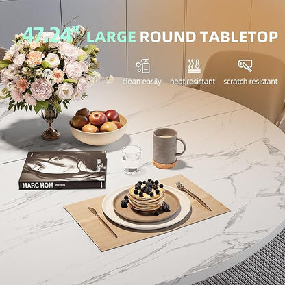 47.24" Round Dining Table for 4-6 Person, Round Kitchen Table with Wood Top, Circle Dinner Pedestal Tables with Metal Legs for Dining Room Kitchen (White Marble)