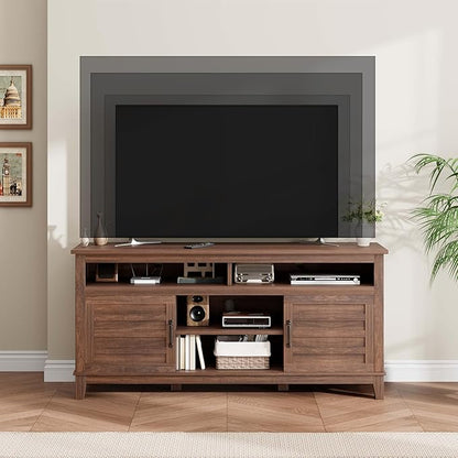 GarveeHome TV Stand for 63 in, Entertainment Center with Adjustable Shelves, Farmhouse TV Stand with Cabinet Doors,for Living Room, Bedroom (Brown, 63)