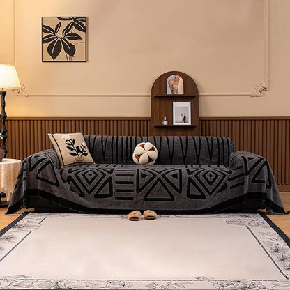 HANDONTIME Dark Grey Short Plush Couch Cover for Sofa Boho Faux Fur Sofa Covers Black Geometric Couch Sofa Slipcover for Pets Shu Velveteen Sofa Cover Washable Warm Soft Funny Fuzzy, 71" X118"