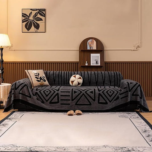 HANDONTIME Dark Grey Sofa Cushion Covers Boho Couch Sofa Covers Short Plush Couch Cover for Sofa Shu Velveteen Couch Sofa Slipcover for Pets Black Geometric Sofa Cover Washable Warm Soft, 71" X134"