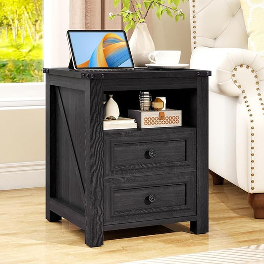 Farmhouse Nightstand with Charging Station, 18” Wide End Table with 2 Drawers Living Room Wood Sofa Side Table with Storage, Small Night Stand for Bedroom, Black