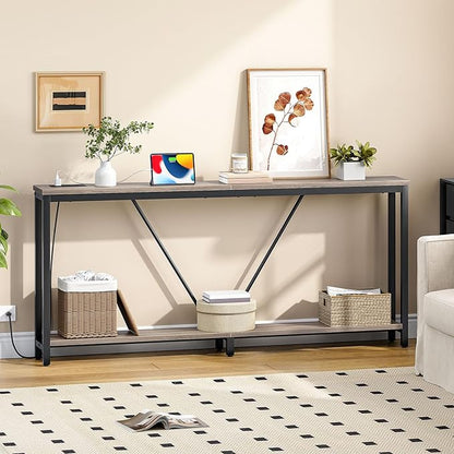 HOOBRO 70.9" Extra Long Sofa Console Table with Charging Station, 2-Tier Behind Couch Table with V-Brace, for Narrow Entryway, Hallway, Living Room, Greige BG186UXG01