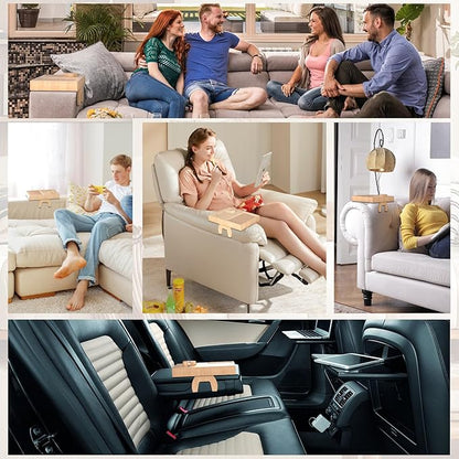 Bamboo Couch Arm Table with 2 Rotating Lids & Adjustable Phone Holder,Foldable Couch Arm Tray,Non-Slip Arm Rest Table Clip for Couch Pillow,Sofa Arm Tray for Snacks,Drinks or Dining