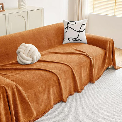 hyha Couch Cover for Dogs, Boho Sofa Covers for 3 Cushion Couch Washable, Chenille Sofa Slipcover for Pets, Soft Loveseat Sectional Couch Throw Blankets with Tassels (Orange, 88.5x150 Inch)