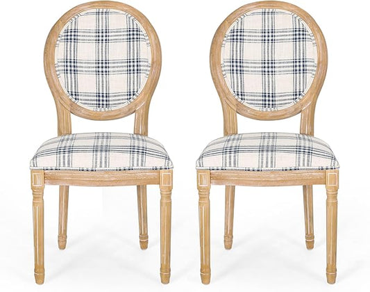 Christopher Knight Home Phinnaeus Dining Chair Set, Set of 2, Fabric, Dark Blue Plaid + Natural
