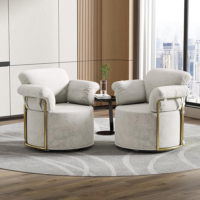 KEIKI Modern Comfy Swivel Accent Reading Chair, 360°Round Upholstered Barrel Armchair Single Club Lounge Sofa Chairs for Living Room,Bedroom, Office,Beige