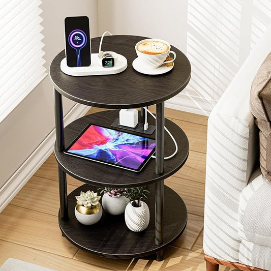 Small Round End Table - 3 Tier Design Accent Table, Narrow Side or Bedside Stand, Industrial Vintage Table for Small Spaces, Built-in USB Ports and Power Outlet, Charcoal Wenge