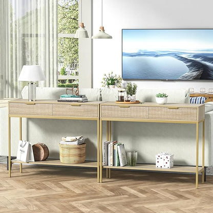 Anmytek Console Table with Storage, Wood Entryway Table with 2 Drawers, Narrow Long Sofa Table Hallway Foyer Table with Storage Shelves Behind Couch Table for Living Room, H0117
