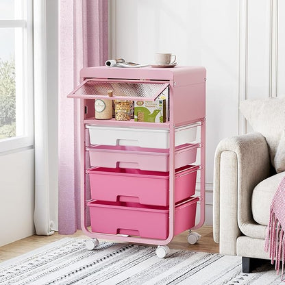 Utility-Rolling-Storage-Drawer-Craft-Cart-Organizers with 4 Drawers & Dust-Proof Door for Kid Craft Art Room,Bedroom,Home Office, Classroom, Rose Pink