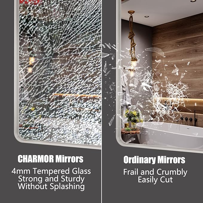 16x24 Inch Brushed Nickel Bathroom Mirror, Rounded Rectangle Silver Metal Frame Mirror, Silver Bathroom Vanity Mirror, Anti-Rust, Hangs Horizontally or Vertically