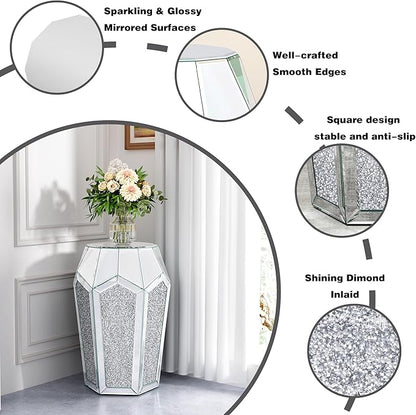 ENENE Mirrored End Table Crystal Diamond Setting Coffee Table Silver Glass Side Table Pedestal Stand for Hallway, Living Room, Corner, Bedroom, Sofa