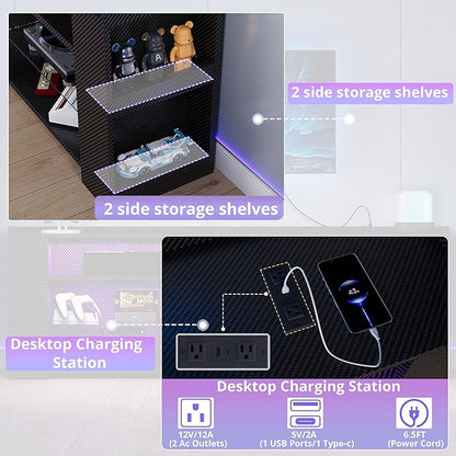 IRONCK Entertainment Center with Storage, 47 Inch Tall TV Stand W/Power Outlet, LED Gaming TV Cabinet for PS4, Black TV Stand with Carbon Fiber