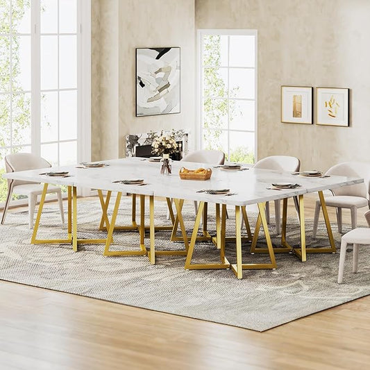 Tribesigns Square Dining Table for 10, 31.5" Modern White Dinner Table with Metal Base, Kitchen Table for Dining Room, Small Space, Apartment, White & Gold