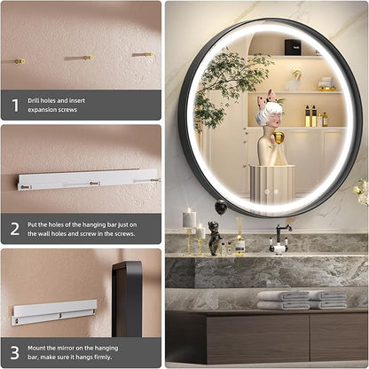 Hasipu 24 Round LED Mirror for Bathroom with Lights, Black Circle Vanity Mirror for Wall, Metal Framed Frontlit Bathroom Mirrors Anti-Fog, Dimmable, 3 Colors Makeup Mirror Wall Mounted