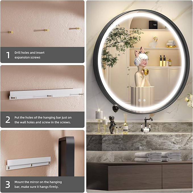 Hasipu 32 Round LED Mirror for Bathroom with Lights, Black Circle Vanity Mirror for Wall, Metal Framed Frontlit Bathroom Mirrors Anti-Fog, Dimmable, 3 Colors Makeup Mirror Wall Mounted