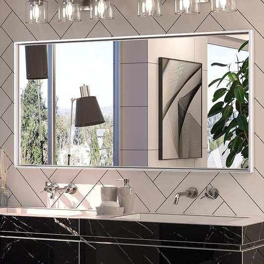 Keonjinn 48 x 24 in Brushed Silver Bathroom Vanity Mirror Rectangular Metal Framed Mirror for Wall Modern Farmhouse Rectangle Mirror Decorative Silver Mirror for Bathroom Sink(Horizontal/Vertical)