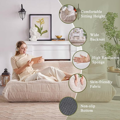 Bean Bag Chair, 3 Seater Fireside Chair Large Bean Bag Sofa for Adults, Memory Foam Chair Gaming Chairs with Comfy Design & Soft Fabric, Lazy Floor Sofa for Living Room, Bedroom, Beige