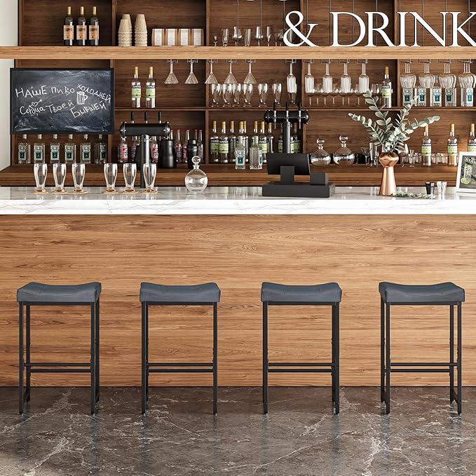 HOOBRO Barstools,25.4" Saddle Stools with PU Upholstery, Counter Height Stools with Footrest, Kitchen Breakfast Chairs, for Dining Room, Cafe, Bar, Gray and Black BGZ23BY01