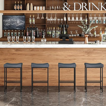 HOOBRO Barstools,25.4" Saddle Stools with PU Upholstery, Counter Height Stools with Footrest, Kitchen Breakfast Chairs, for Dining Room, Cafe, Bar, Gray and Black BGZ23BY01