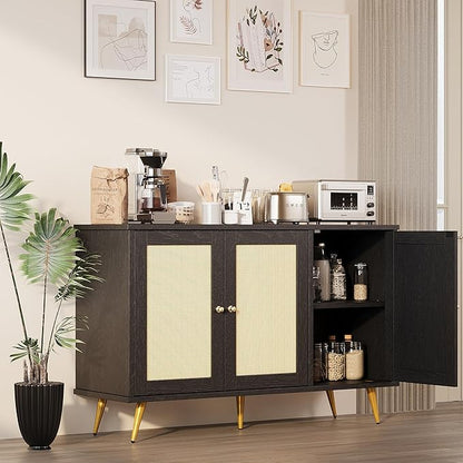 Shintenchi Large Rattan Storage Cabinet, Modern Sideboard Cabinet, Accent Large Storage Space Cabinet with Rattan Decorated Doors for Living Room, Dining Room, Black
