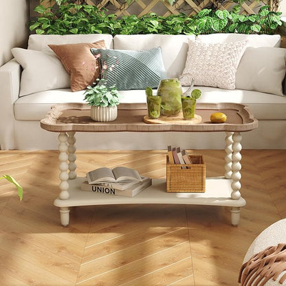 Function Home Farmhouse Coffee Table, Rustic White French Country Center Table with Storage Shelf, Wood Coffee Tables for Living Room Dining Room, Natural Tray Top and Vintage White Spindle Legs