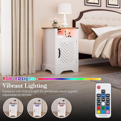 RoyalCraft Farmhouse Nightstand Set of 2, White Night Stand with LED Lights and Charging Station, Bedside Table Set of 2 with Storage and Door, Wood End Table for Bedroom, Home Office, Antique White
