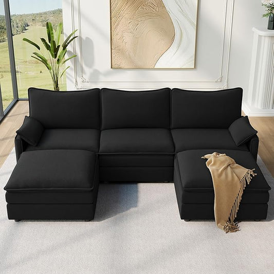 Vesgantti 108" U Shaped Sectional Couch, Comfy Cloud Modular Sectional Sofa with 2 Ottoman Deep Seat Chenille Modern Cloud Sofa, Modular Sofas for Living Room, Bedroom and Apartment, Black