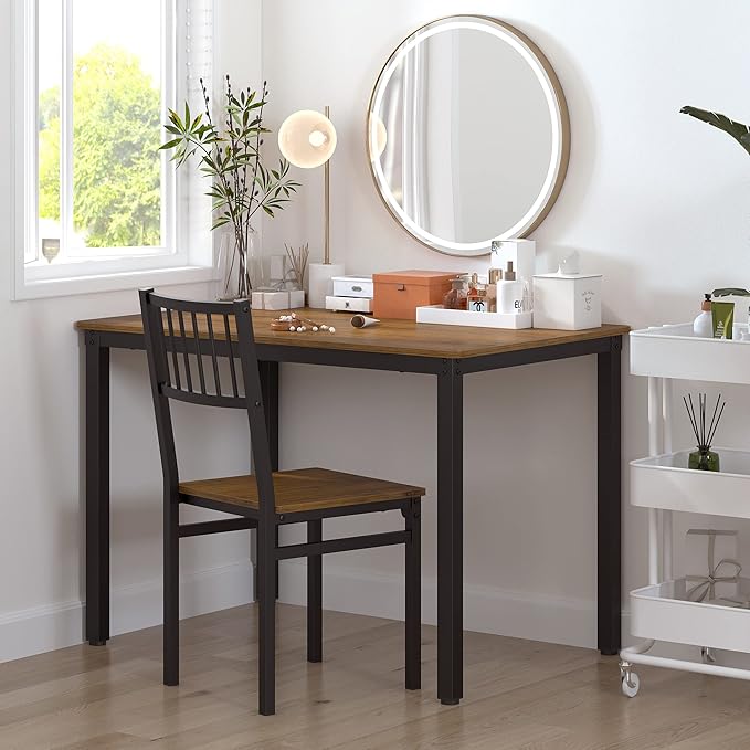 Teraves Dining Table Set for 4/Computer Desk,Kitchen Table with 2 Chairs and a Bench,Table and Chairs Dining Room Set 4 Piece Set for Dining Room (Teak, 120CM)