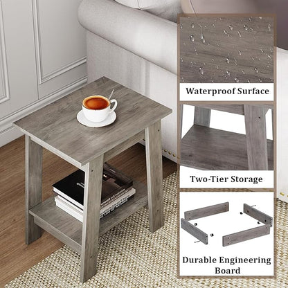 End Table, Side Table with 2-Tier Storage Shelf, Sofa Table for Small Space, Square Nightstand for Entryway, Farmhouse, Living Room, Easy Assembly, Grey
