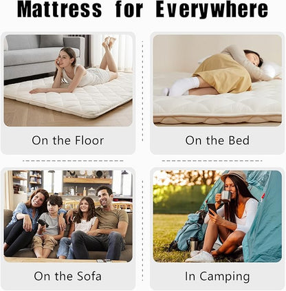 Japanese Floor Futon Mattress, Tatami Mat Sleeping Pad, Shikibuton, Mattress Topper, Boys Girls Roll Up Dormitory Mattress, Foldable & Portable Floor Lounger Bed, Guest Bed (Cream, Full)